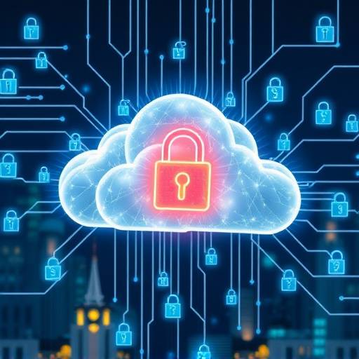 Afbeelding van een veilige cloud omgeving voor een gemeente, met sloten en beveiligingsprotocollen.